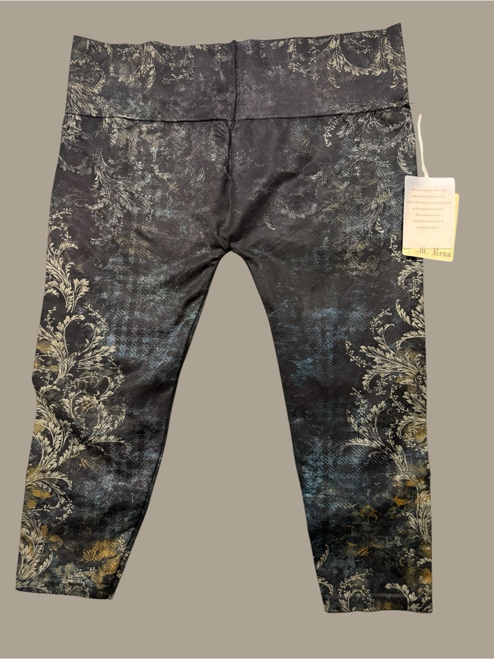 M. Rena Black Leggings with Gold Floral Accents. Seamless Tummy Control